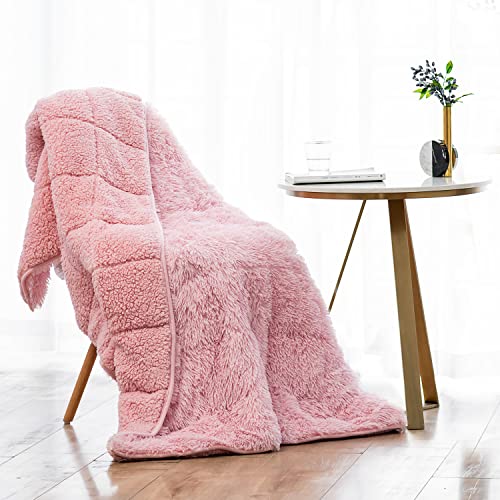 Coolplus Weighted Blankets for Adult 20lbs, Snug Plush Fleece and Cozy Sherpa Reverse Shaggy Soft Heavy Throw Blankets Full/Twin Size for Bed Deep Sleeping, 60x80Inches Pink