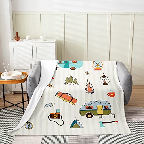 Camping Theme Lightning Fleece Blanket,Cartoon Trailer RV Tent Pattern Bed Blanket for Adults Teens,Camper Hiking Room Decor,Super Soft Flannel Blanket,40"x50"