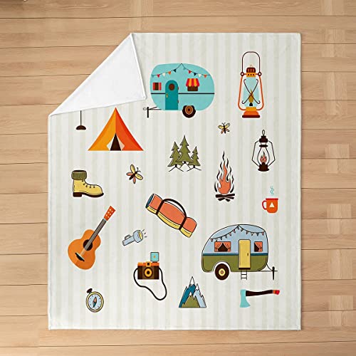 Camping Theme Lightning Fleece Blanket,Cartoon Trailer RV Tent Pattern Bed Blanket for Adults Teens,Camper Hiking Room Decor,Super Soft Flannel Blanket,40"x50"
