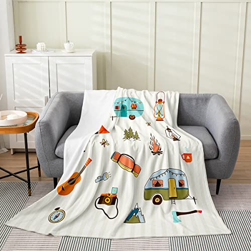 Camping Theme Lightning Fleece Blanket,Cartoon Trailer RV Tent Pattern Bed Blanket for Adults Teens,Camper Hiking Room Decor,Super Soft Flannel Blanket,40"x50"