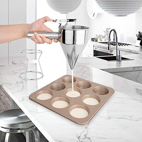 EgieMr Stainless Steel Pancake Batter Dispenser Funnels with Stand Great for Cupcakes, Takoyaki or Any Baked Goods