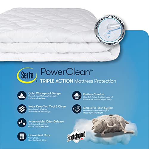 SERTA Power Clean Quilted Soft Waterproof Mattress Pad Protector with 15" Deep Pocket, Full, White