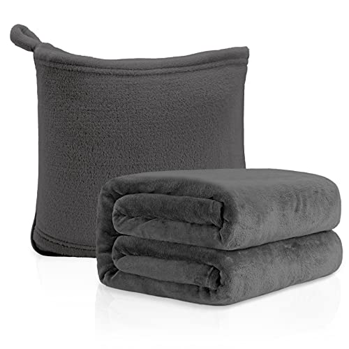 MACEVIA Travel Blanket Pillow Soft 2 in 1 Blanket for Airplane Pillow in Soft Bag Pillowcase Traveling Essentials Lightweight Comfort Blanket for Train Car Camping with Luggage Backpack Strap - Gray