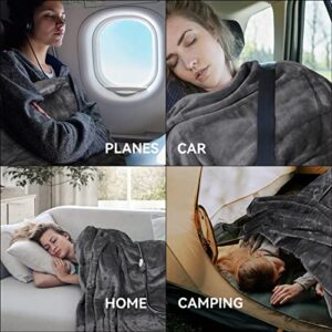 MACEVIA Travel Blanket Pillow Soft 2 in 1 Blanket for Airplane Pillow in Soft Bag Pillowcase Traveling Essentials Lightweight Comfort Blanket for Train Car Camping with Luggage Backpack Strap - Gray
