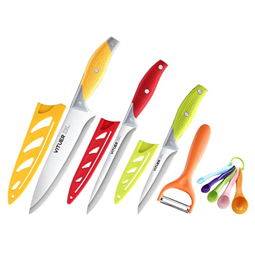 VITUER Chef Knife, 12PCS Knife Set, Multicolor Kitchen Knife, 8 Inch Chef Knife, 4.5 Inch Utility Knife, 4 Inch Paring Knife, Stainless Steel Chef Knife Set with Accessories