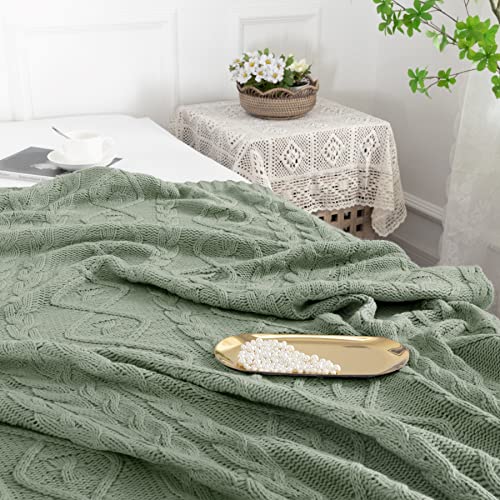 MILVOWOC Sage Throw Blanket and Pillow Covers Set, 50" x 60" Cable Knit Throw Blanket + 2 Pieces 18" x 18" Knitted Throw Pillowscase, Decorative Throw Blankets Knitted Blanket for Sofa Couch