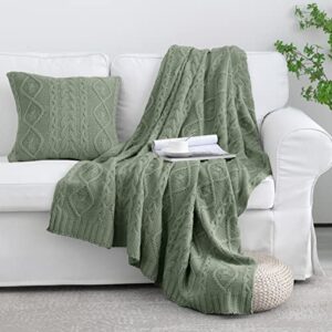 MILVOWOC Sage Throw Blanket and Pillow Covers Set, 50" x 60" Cable Knit Throw Blanket + 2 Pieces 18" x 18" Knitted Throw Pillowscase, Decorative Throw Blankets Knitted Blanket for Sofa Couch