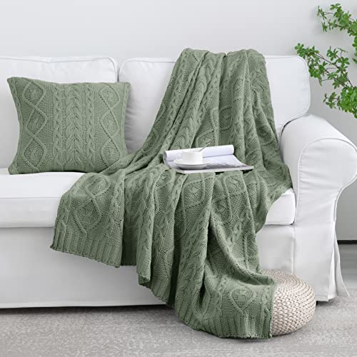 MILVOWOC Sage Throw Blanket and Pillow Covers Set, 50" x 60" Cable Knit Throw Blanket + 2 Pieces 18" x 18" Knitted Throw Pillowscase, Decorative Throw Blankets Knitted Blanket for Sofa Couch