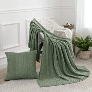 MILVOWOC Sage Throw Blanket and Pillow Covers Set, 50" x 60" Cable Knit Throw Blanket + 2 Pieces 18" x 18" Knitted Throw Pillowscase, Decorative Throw Blankets Knitted Blanket for Sofa Couch