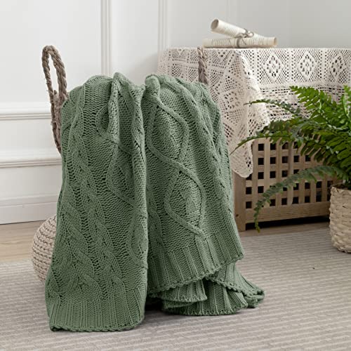 MILVOWOC Sage Throw Blanket and Pillow Covers Set, 50" x 60" Cable Knit Throw Blanket + 2 Pieces 18" x 18" Knitted Throw Pillowscase, Decorative Throw Blankets Knitted Blanket for Sofa Couch