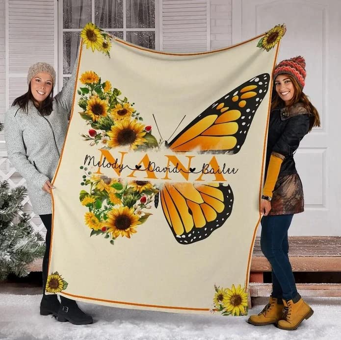 Personalized Monarch Butterfly and Sunflower Blanket Gift for Grandma Nana Mimi Customized Blanket for Birthday Christmas Thanksgiving Mother's Day Fleece Sherpa Blanket