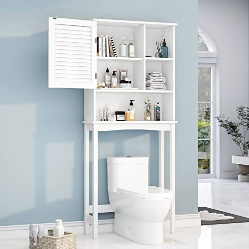 Merax Toilet Storage Shelf with Adjustable Shelves and Shutter Door for Home, Bathroom Organizer Space Saver, White