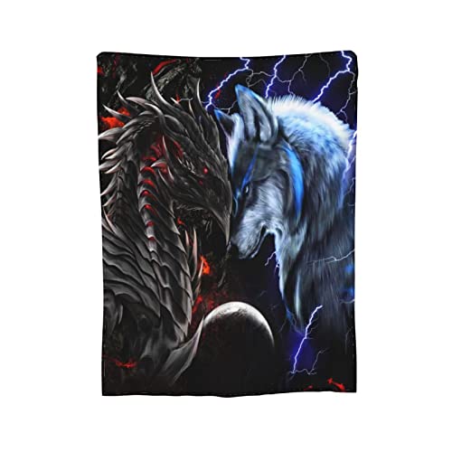 Cool Dragon and Wolf Flannel Fleece Blanket Printed Ultra-Soft Warm Throw Blankets Anti-Pilling for Bed Couch Sofa Travel Camping 50"X40"