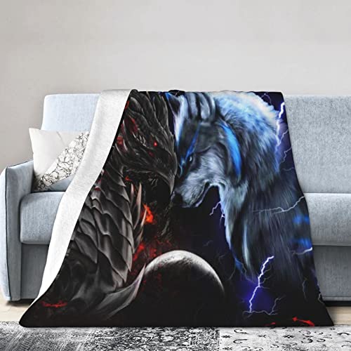 Cool Dragon and Wolf Flannel Fleece Blanket Printed Ultra-Soft Warm Throw Blankets Anti-Pilling for Bed Couch Sofa Travel Camping 50"X40"