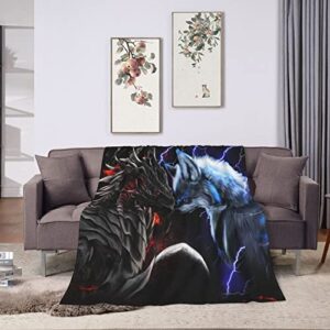 Cool Dragon and Wolf Flannel Fleece Blanket Printed Ultra-Soft Warm Throw Blankets Anti-Pilling for Bed Couch Sofa Travel Camping 50"X40"