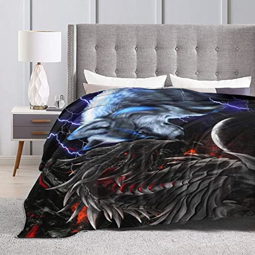 Cool Dragon and Wolf Flannel Fleece Blanket Printed Ultra-Soft Warm Throw Blankets Anti-Pilling for Bed Couch Sofa Travel Camping 50"X40"