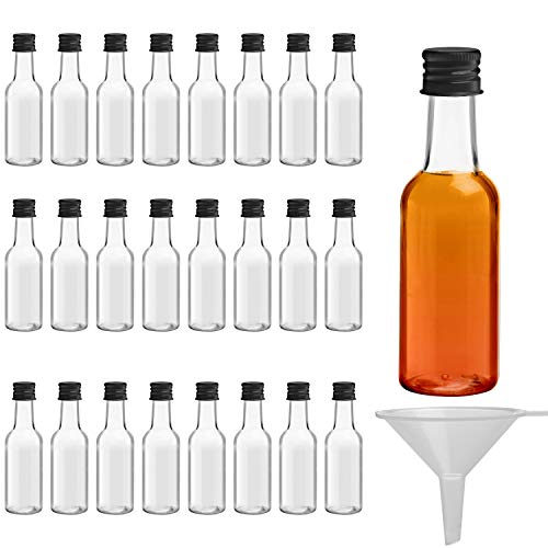 Belle Vous Mini Liquor Bottles (24 Pack) - Reusable Plastic 50ml (1.7 fl oz) Empty Spirit Bottle with Black Screw Cap, Liquid Funnel for Easy Pouring, Filling - Miniature Bottles for Weddings, Parties