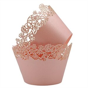 cupcake wrappers pack of 50 pink filigree artistic bake cake paper cups little vine lace laser cut liner baking cup muffin case trays for wedding party birthday decoration -by kposiya
