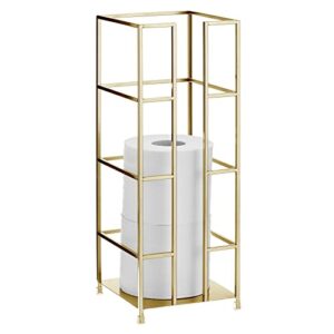 mdesign metal free-standing toilet paper reserve tower stand, 3-jumbo tissue roll storage canister holder for bathroom under sink, shelf, beside vanity, cabinet, corner, citi collection - soft brass