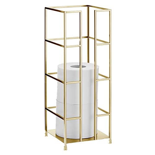 mDesign Metal Free-Standing Toilet Paper Reserve Tower Stand, 3-Jumbo Tissue Roll Storage Canister Holder for Bathroom Under Sink, Shelf, Beside Vanity, Cabinet, Corner, Citi Collection - Soft Brass