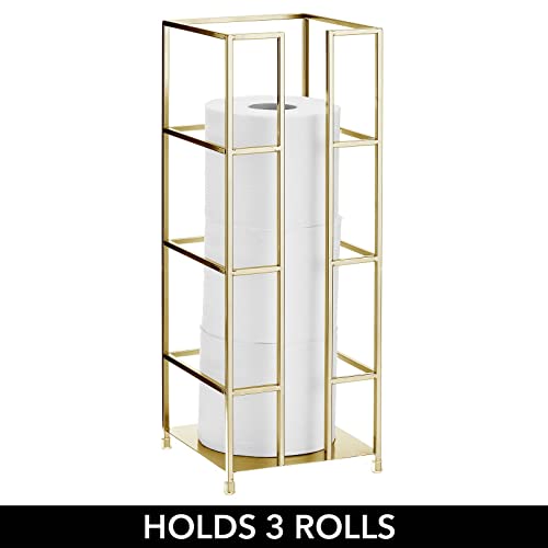 mDesign Metal Free-Standing Toilet Paper Reserve Tower Stand, 3-Jumbo Tissue Roll Storage Canister Holder for Bathroom Under Sink, Shelf, Beside Vanity, Cabinet, Corner, Citi Collection - Soft Brass