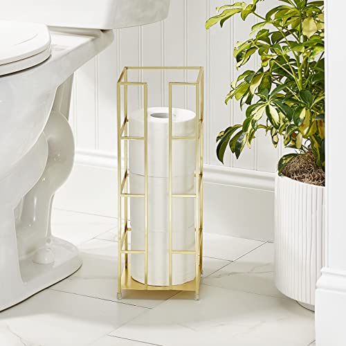 mDesign Metal Free-Standing Toilet Paper Reserve Tower Stand, 3-Jumbo Tissue Roll Storage Canister Holder for Bathroom Under Sink, Shelf, Beside Vanity, Cabinet, Corner, Citi Collection - Soft Brass