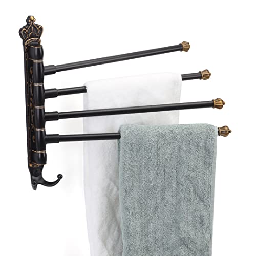 SDH Towel Rack 4-Arms Aluminum Wall Mounted Hand Towel Holder with Hooks 180° Swivel Rotation Space Saving Vintage Theme Design Towel bar for Kitchen & Bathroom Storage