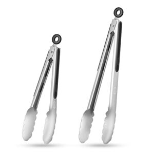 tacgea stainless steel kitchen tongs, silicone non-slip grip, locking grilling food tongs set of 2, 9-inch & 12-inch