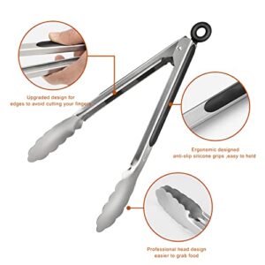 TACGEA Stainless Steel Kitchen Tongs, Silicone Non-slip Grip, Locking Grilling Food Tongs Set of 2, 9-inch & 12-inch