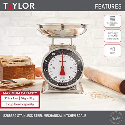 Taylor Mechanical Kitchen Weighing Food Scale Weighs up to 11lbs, Measures in Grams and Ounces, Black and Silver