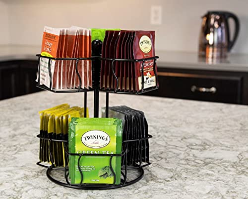 Nifty Tea Bag Spinning Carousel – 6 Compartments, Up to 60 Tea Bags Storage, Spins 360-Degrees, Lazy Susan Platform, Modern Black Design, Home or Office Kitchen Counter Organizer