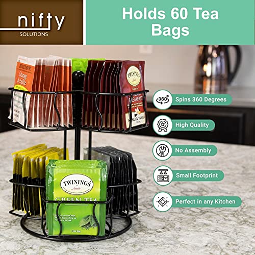 Nifty Tea Bag Spinning Carousel – 6 Compartments, Up to 60 Tea Bags Storage, Spins 360-Degrees, Lazy Susan Platform, Modern Black Design, Home or Office Kitchen Counter Organizer