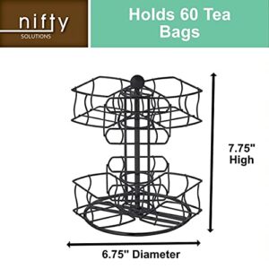 Nifty Tea Bag Spinning Carousel – 6 Compartments, Up to 60 Tea Bags Storage, Spins 360-Degrees, Lazy Susan Platform, Modern Black Design, Home or Office Kitchen Counter Organizer