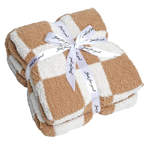 Luxury Fuzzy Blanket Checkerboard Blanket Lightweight Throw Blanket - Super Soft Warm Cozy Microfiber Blanket for Chair, Sofa, Couch, Bed, Camping, Travel (Orange Khaki)