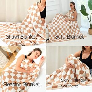 Luxury Fuzzy Blanket Checkerboard Blanket Lightweight Throw Blanket - Super Soft Warm Cozy Microfiber Blanket for Chair, Sofa, Couch, Bed, Camping, Travel (Orange Khaki)