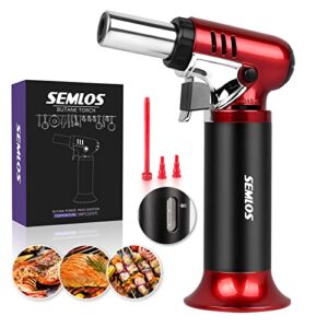 semlos butane torch with fuel gauge, refillable cooking torch lighter, one-handed operation blow torch with safety lock and adjustable flame, fit all butane tanks kitchen torch for creme brûlée, bbq