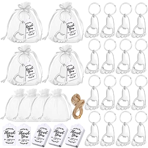 50 Pieces Baby Footprint Keychain Bottle Opener Baby Shower Party Favors Baby Shower Footprint Bottle Opener Supplies with Organza Bags and Thank Tags for Baby Shower Party Souvenirs Gifts (Silver)