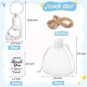 50 Pieces Baby Footprint Keychain Bottle Opener Baby Shower Party Favors Baby Shower Footprint Bottle Opener Supplies with Organza Bags and Thank Tags for Baby Shower Party Souvenirs Gifts (Silver)