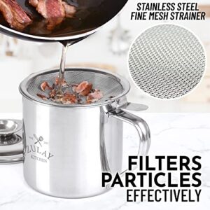 Zulay Kitchen Bacon Grease Container With Strainer - 1L Stainless Steel Cooking Oil Container With Lid & Handle - Large Ghee Container or Bacon Fat Container Perfect For Storing Fats & Frying Oils