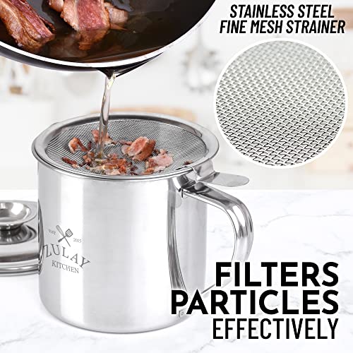 Zulay Kitchen Bacon Grease Container With Strainer - 1L Stainless Steel Cooking Oil Container With Lid & Handle - Large Ghee Container or Bacon Fat Container Perfect For Storing Fats & Frying Oils