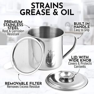 Zulay Kitchen Bacon Grease Container With Strainer - 1L Stainless Steel Cooking Oil Container With Lid & Handle - Large Ghee Container or Bacon Fat Container Perfect For Storing Fats & Frying Oils