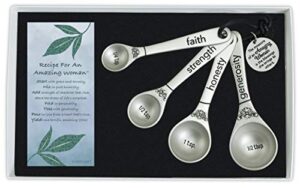 amazing woman measuring spoon set, decorative gifts and kitchen accessories, set of 4, engraved pewter and silver enamel, by abbey & ca gift