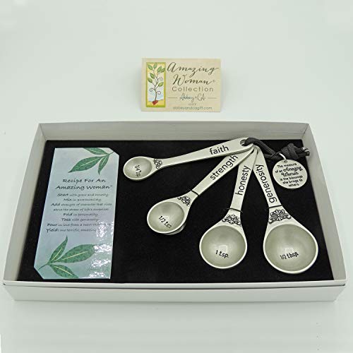 Amazing Woman Measuring Spoon Set, Decorative Gifts and Kitchen Accessories, Set of 4, Engraved Pewter and Silver Enamel, By Abbey & CA Gift