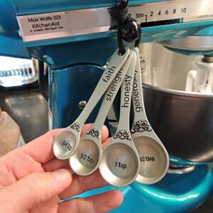 Amazing Woman Measuring Spoon Set, Decorative Gifts and Kitchen Accessories, Set of 4, Engraved Pewter and Silver Enamel, By Abbey & CA Gift