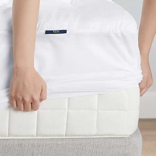 SERTA ComfortSure Breathable Elastic Dobby Check Quilted Pillow Top Mattress Pad Cover with 18" Deep Pocket for All Season, White, Queen