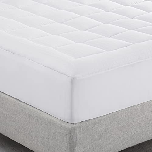 SERTA ComfortSure Breathable Elastic Dobby Check Quilted Pillow Top Mattress Pad Cover with 18" Deep Pocket for All Season, White, Queen