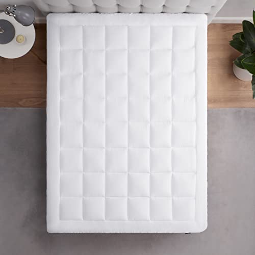 SERTA ComfortSure Breathable Elastic Dobby Check Quilted Pillow Top Mattress Pad Cover with 18" Deep Pocket for All Season, White, Queen