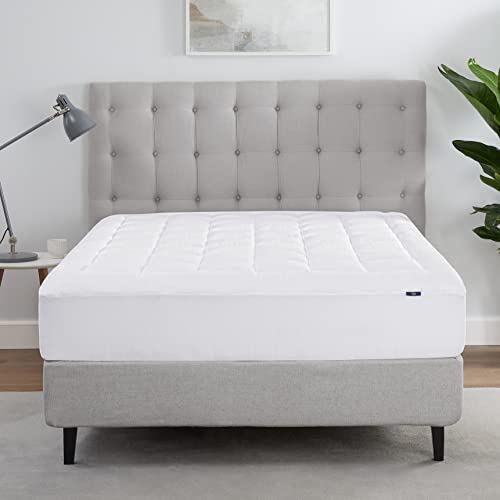 SERTA ComfortSure Breathable Elastic Dobby Check Quilted Pillow Top Mattress Pad Cover with 18" Deep Pocket for All Season, White, Queen