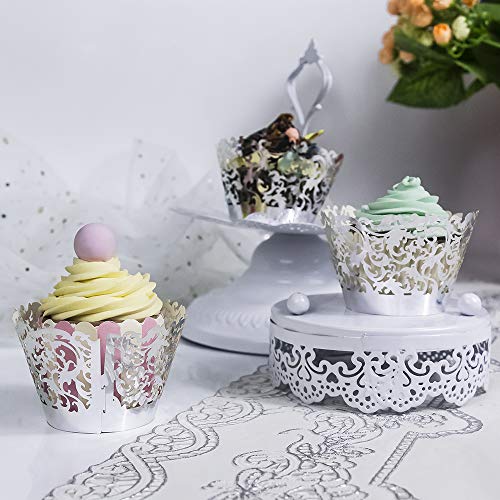 YOZATIA 60 Silver Vine Lace Cupcake Wrapper, Laser Cut Cupcake Liners for Weddings Birthdays Tea Parties and any Special Event- Silver