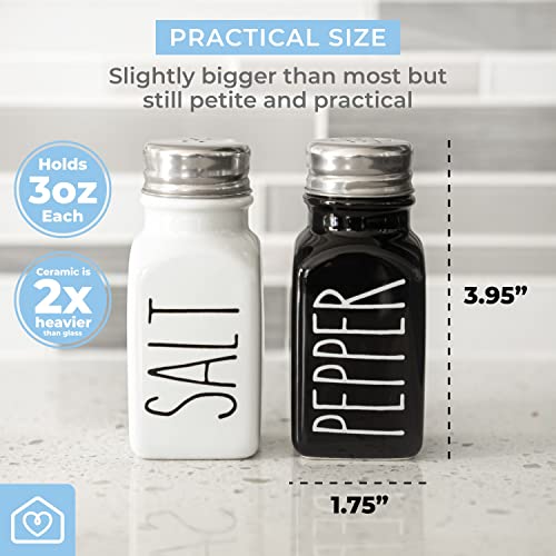 Farmhouse Ceramic Salt and Pepper Shakers Set with Extra Lids. 100% Stoneware Salt and Pepper Shaker Set. Black Pepper and White Salt Shaker with Lid x4. Kitchen Salt Pepper Shakers by Heartland Home